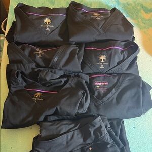 Healing Hands Black Scrub Tops purple label qty 6 and one pair 2x long pants